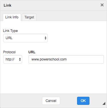 Link dialog in Text Block Editor