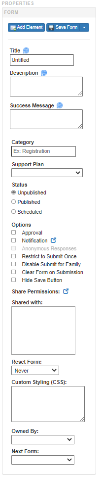 Form Properties Sidebar - Ecollect Only Display (No Enrollment Tab Option)