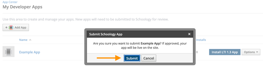 Confirm you want to submit your app to the App Center
