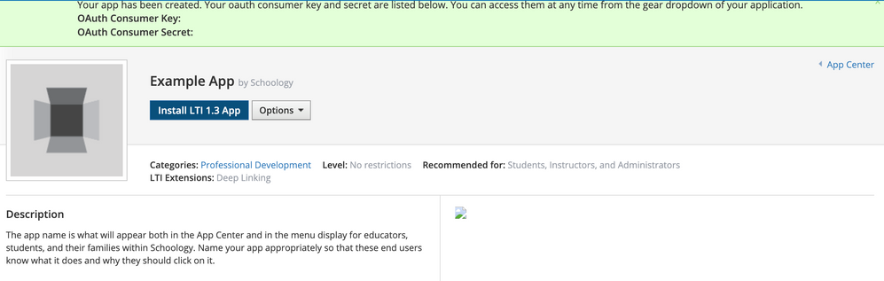 Oauth key and secret displayed in success message