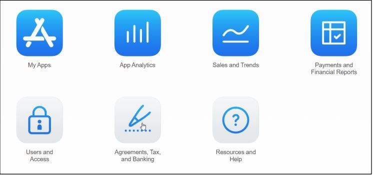 Screenshot illustrating the Agreements, Tax, and Banking button in Apple's App Store Connect portal