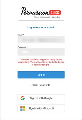 Screenshot of failed login attempt