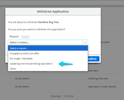 Screenshot illustrating " selecting reason for withdrawing"