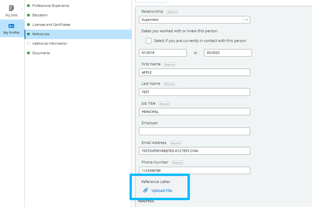 Screenshot illustrating upload Reference Letter option