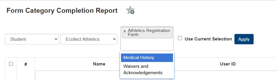 Configuring a Category Completion Report with Student Forms, category, and selected form filter
