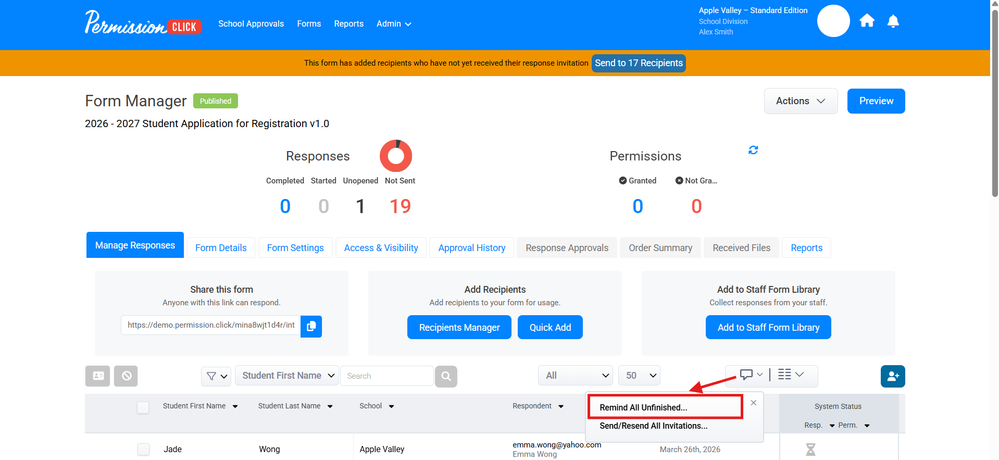 Form Manager > Remind All Unfinished
